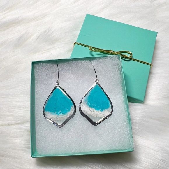 Handmade Jewelry - Resin Art Silver & Turquoise Ocean Beach Wave Earrings Custom Handmade Nwt